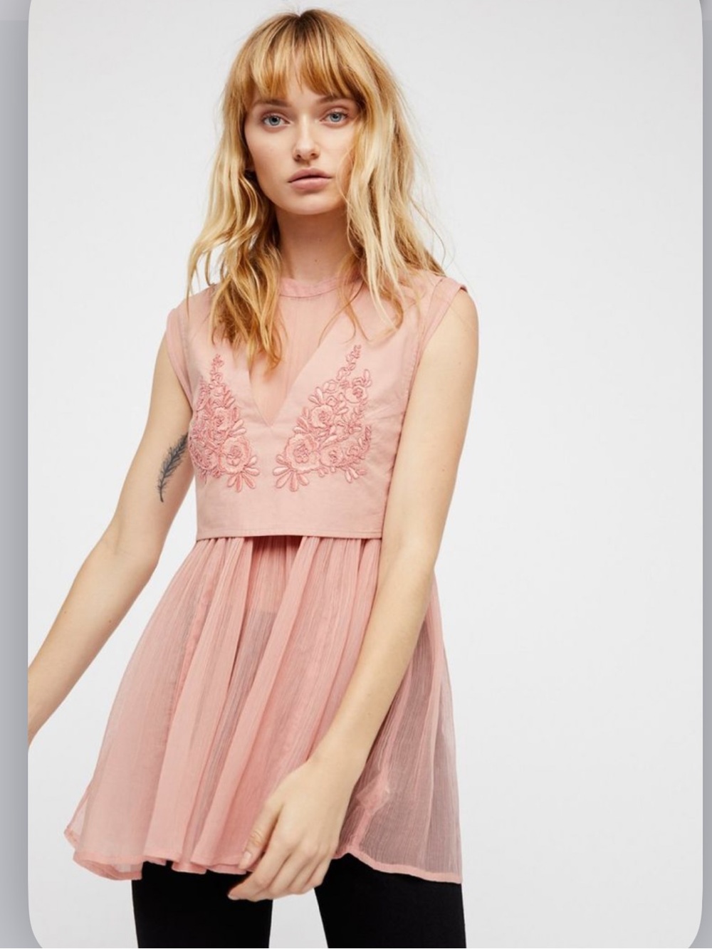 Free People Dusty Rose Embroidered V-Neck Chiffon Blouse